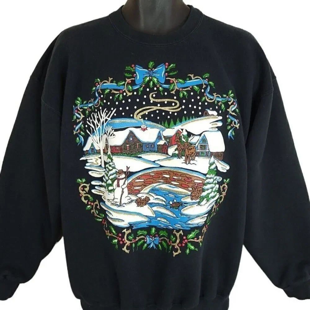 Winter Snowscape Sweatshirt Vintage 90s Reindeer Christmas Snowman Mens Large